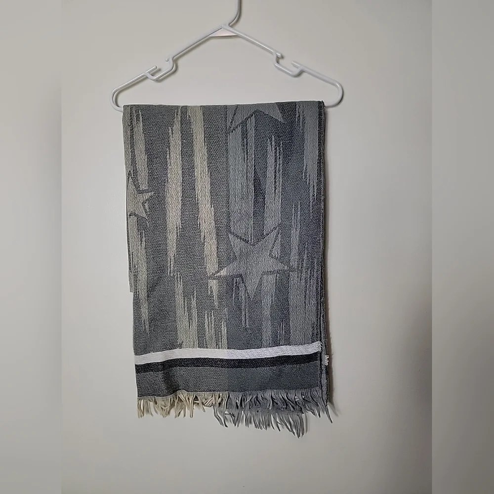 Gray White Stars & Stripes W/ Fringe Accent Rectangle Scarf